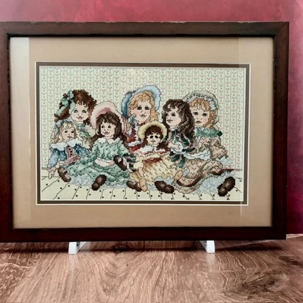 Framed Antique Doll Counted Cross Stitch Rustic Wood Frame 16x12 Handmade
